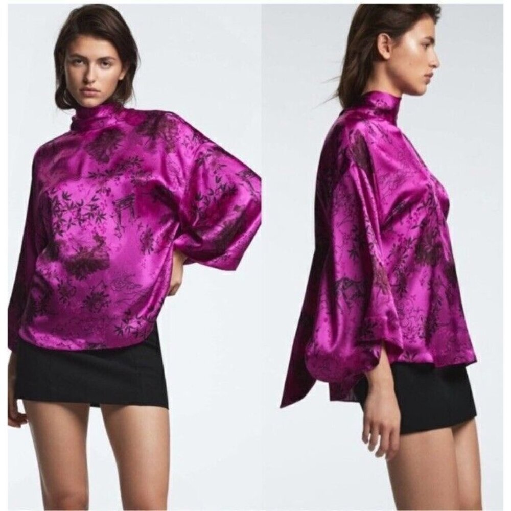 NWT ZARA FUCHSIA JACOUARD SATIN PRINTED JAPANESE BLOUSE Sz SMALL